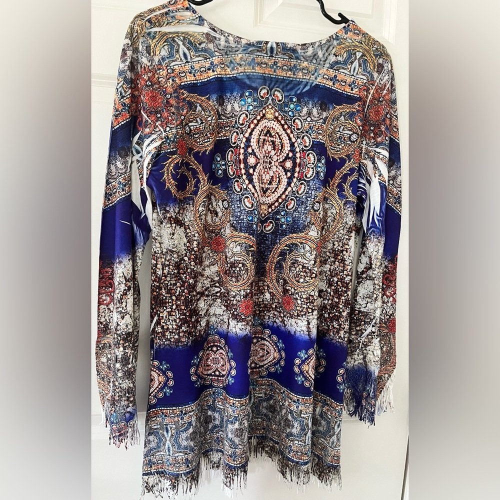 Mushka by Sienna Rose Fringe Tunic Top Cover Up Women’s L Blue Multi Color NWT - Picture 2 of 6